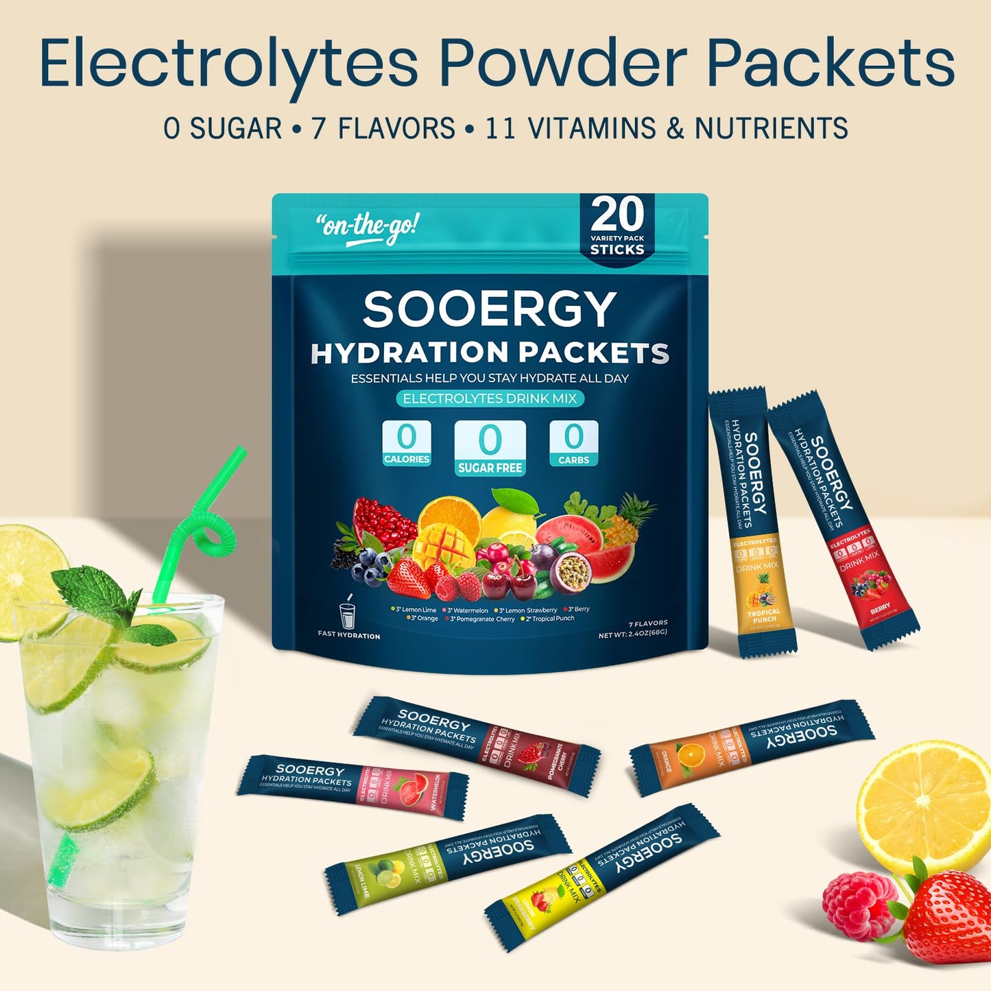 Sooergy Electrolytes Powder Packets Sugar Free Hydration Packets, 7 Flavors Liquid Daily IV Electrolyte Drink Mixes for Rehydration Sooergy
