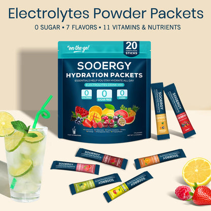 Sooergy Electrolytes Powder Packets Sugar Free Hydration Packets, 7 Flavors Liquid Daily IV Electrolyte Drink Mixes for Rehydration Sooergy