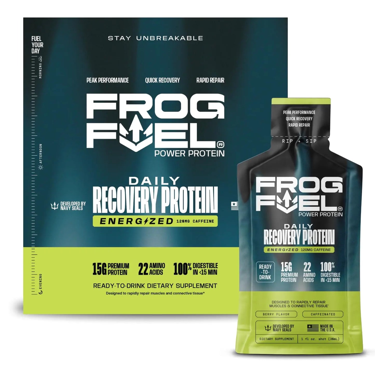 Frog Fuel Power Energized Complete Protein Shot, 15g, Nano Hydrolyzed & Grass Fed, 80mg Caffeine, Gluten Free, Fat & Sugar Free, 22 Amino Acids, Frog Fuel
