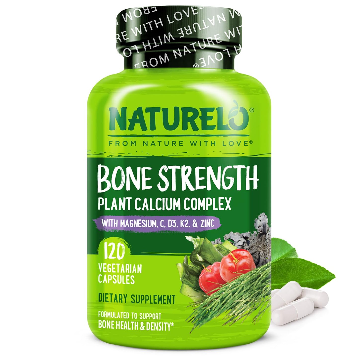 NATURELO Calcium Supplement - with Vitamin C, Vitamin D3, K2, and Calcium Magnesium Zinc for Bone Strength with Calcium 600mg - Plant-Based, 120 Vegetarian Capsules NATURELO