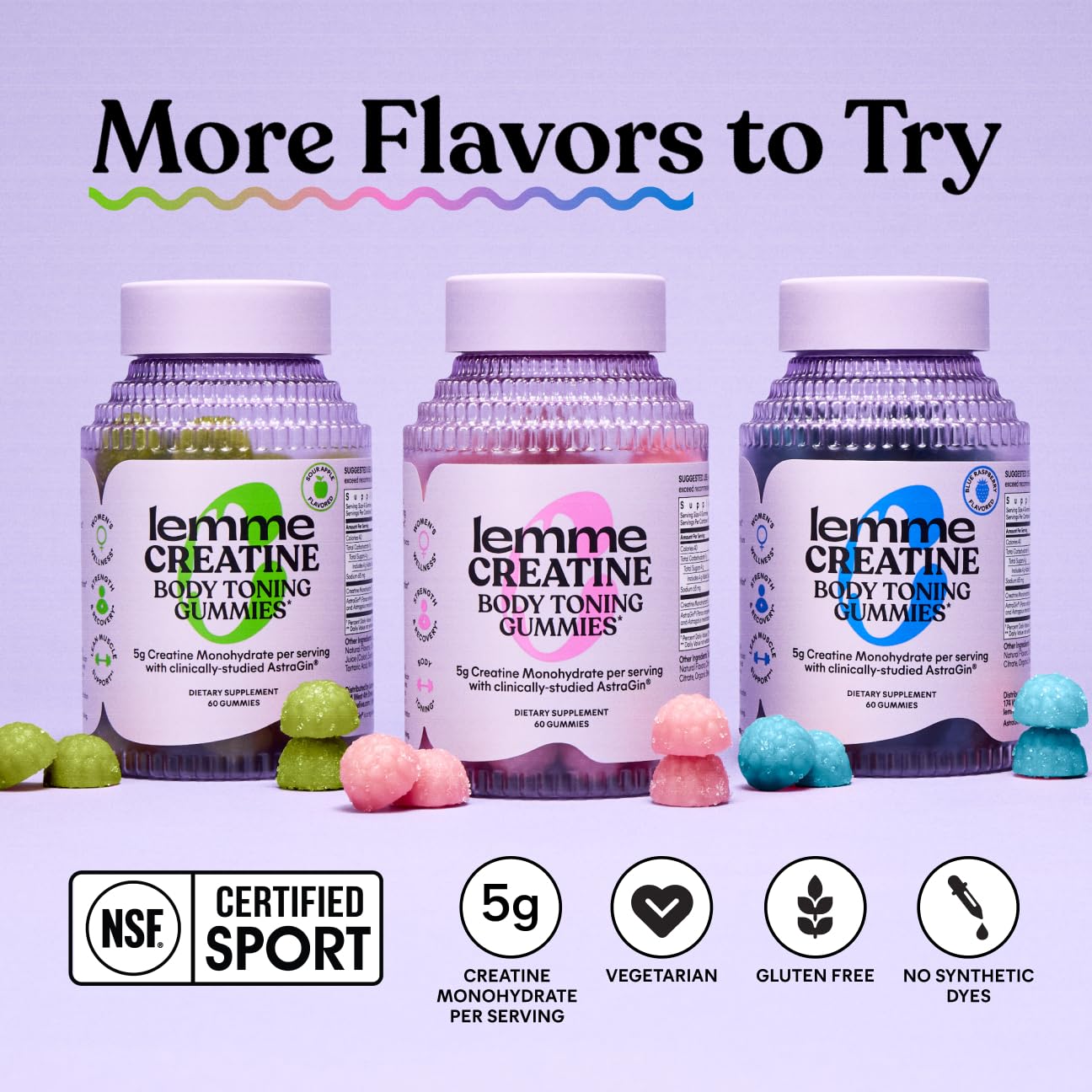 Lemme Creatine Monohydrate Gummies for Women and Men, 5g Dose to Support Lean Muscle, Strength, Recovery, Cognitive Health, w/Ginseng for Absorption, Sour Strawberry, NSF Certified, 60 Gummies