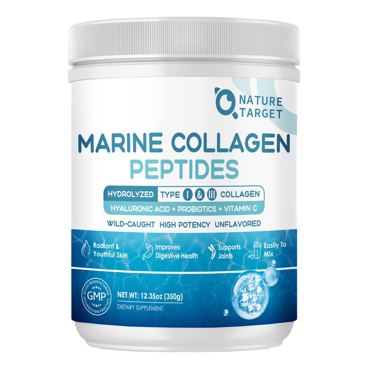 NATURE TARGET Marine Collagen Peptides Powder - Type I & III Collagen with Probiotics, Vitamin C & Hyaluronic Acid for Skin, Hair, Nails NATURE TARGET