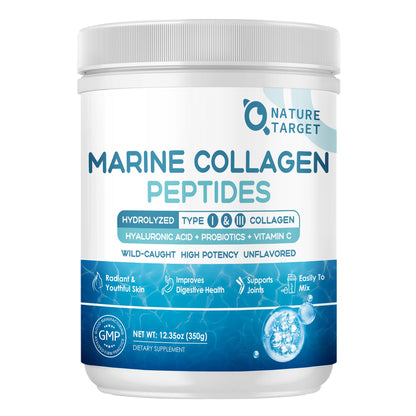 NATURE TARGET Marine Collagen Peptides Powder - Type I & III Collagen with Probiotics, Vitamin C & Hyaluronic Acid for Skin, Hair, Nails NATURE TARGET