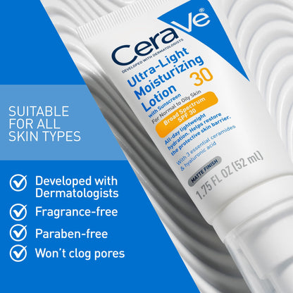 CeraVe Ultra-Light Moisturizing Lotion SPF 30, Sunscreen for Face, 1.7oz CeraVe