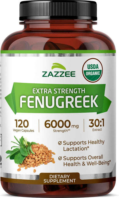 Zazzee USDA Organic Fenugreek 30:1 Extract, 120 Capsules, 4 Month Supply | Vegan, Breastfeeding & Lactation Support for Nursing Mothers, Organic Herbal Supplement, All-Natural, Non-GMO, Made in USA Gsupps Australia