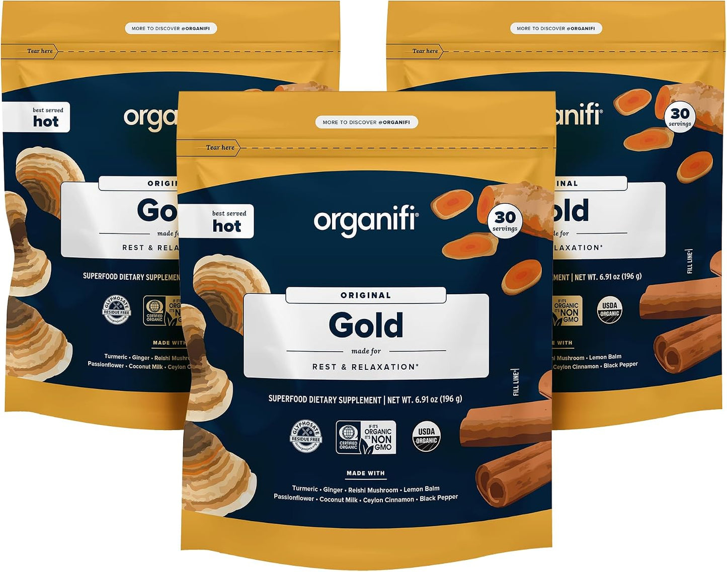 Organifi: Gold - Superfood Supplement Powder- 90 Servings (3 Pack) - Stress Support, Better Rest, Relaxation and Promotes Restful Sleep - Turmeric and Reishi Infused Gsupps Australia
