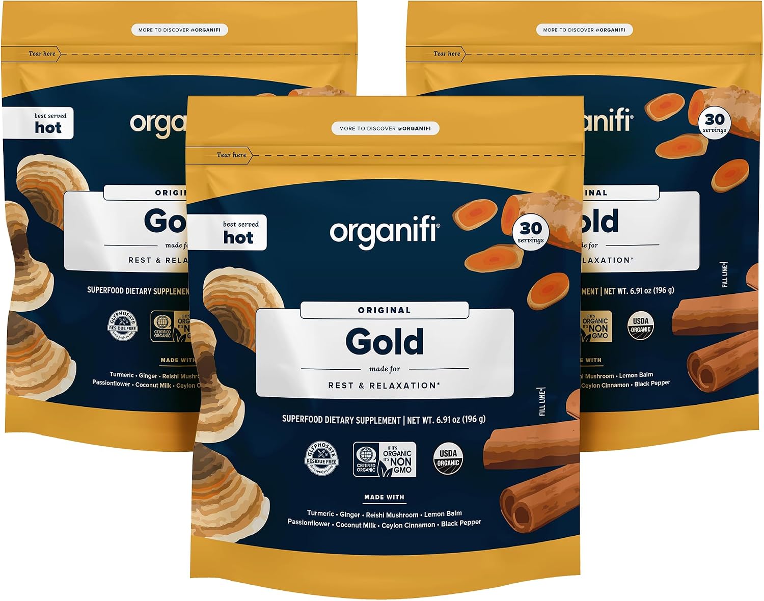 Organifi: Gold - Superfood Supplement Powder- 90 Servings (3 Pack) - Stress Support, Better Rest, Relaxation and Promotes Restful Sleep - Turmeric and Reishi Infused Gsupps Australia