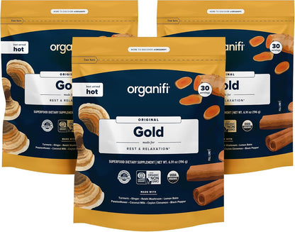 Organifi: Gold - Superfood Supplement Powder- 90 Servings (3 Pack) - Stress Support, Better Rest, Relaxation and Promotes Restful Sleep - Turmeric and Reishi Infused Gsupps Australia