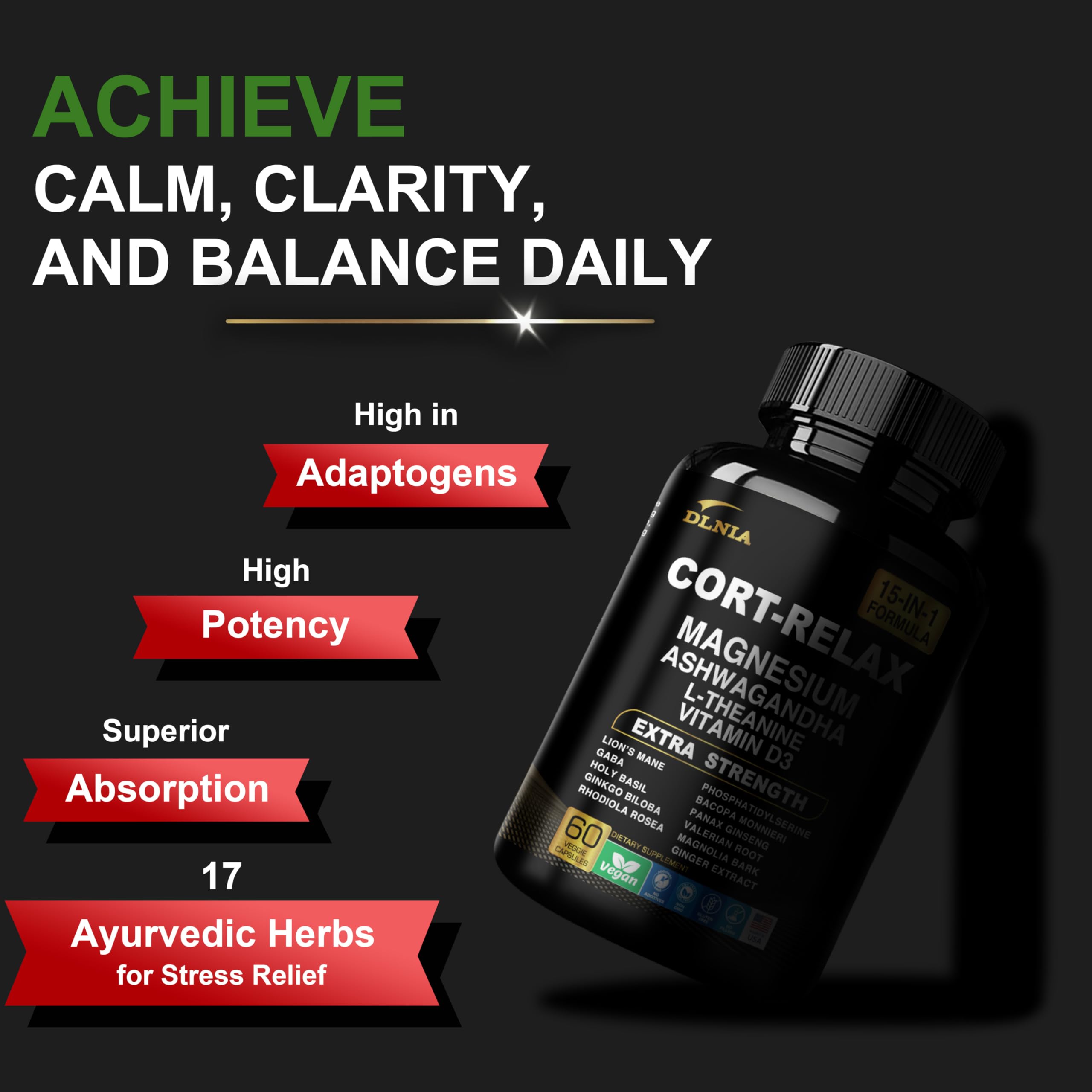 DLNIA Super Calm Cortisol Supplement with Magnesium Glycinate, Ashwagandha KSM-66, L-Theanine, Phosphatidylserine, Ginkgo Biloba & Lions Mane for Calm, Focus, Mental Clarity, Relaxation, Sleep, Energy DLNIA buy australia supplements