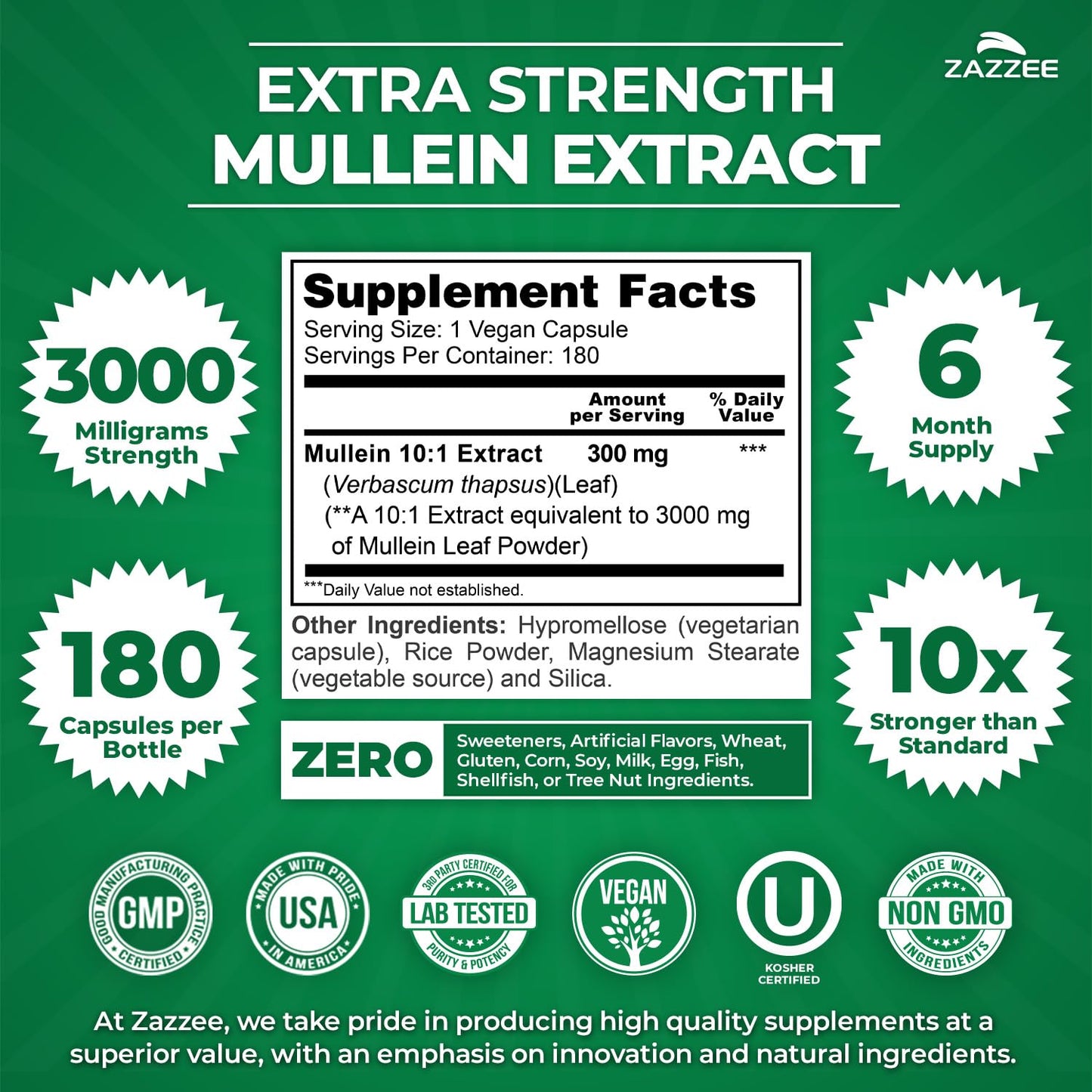 Zazzee Extra Strength Mullein Leaf 10:1 Extract, 120 Vegan Capsules | 4 Month Supply, Respiratory & Lung Support, Certified Kosher, 100% Pure Leaf Powder, Verbascum Thapsus, Non-GMO, Made in USA Gsupps Australia