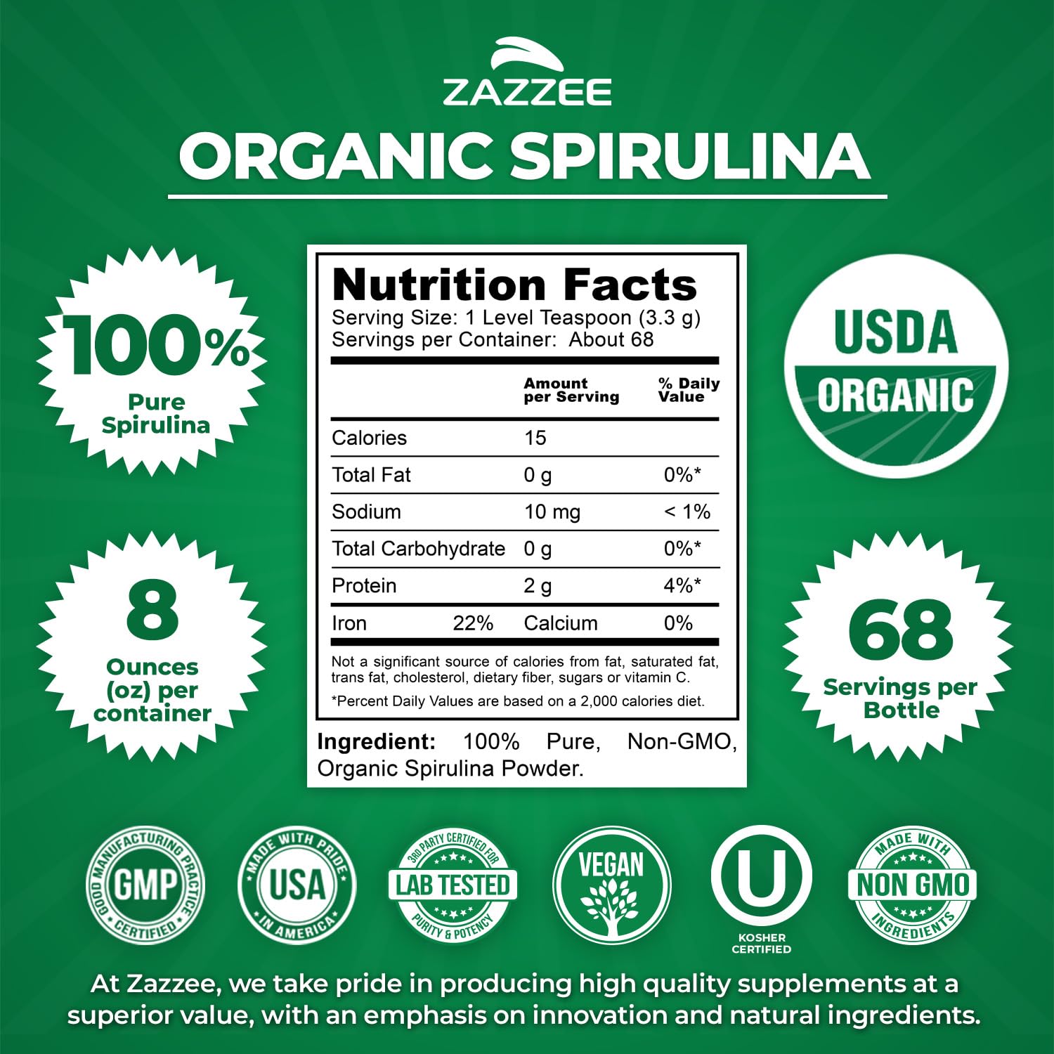 Zazzee USDA Organic Spirulina Powder, 2.2 Pounds (1 KG), 303 Servings | Certified Kosher, 100% Pure, Non-Irradiated, Mess-Free Wide Mouth Container, Fresh Smell, Neutral Taste, Non-GMO, Made in USA Gsupps Australia