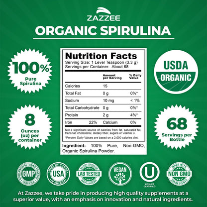 Zazzee USDA Organic Spirulina Powder, 2.2 Pounds (1 KG), 303 Servings | Certified Kosher, 100% Pure, Non-Irradiated, Mess-Free Wide Mouth Container, Fresh Smell, Neutral Taste, Non-GMO, Made in USA Gsupps Australia