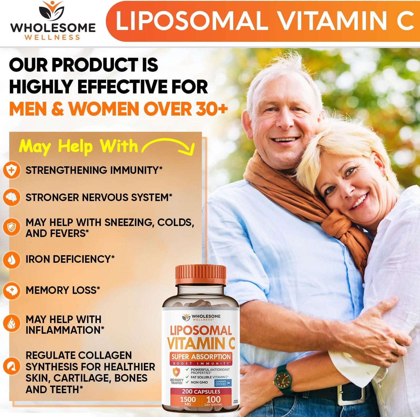 Wholesome Wellness Liposomal Vitamin C Capsules (200 Pills 1500mg Buffered) High Absorption, Immune System & Collagen Booster, High Dose Fat Soluble Immunity Support Ascorbic Acid, Natural Vegan Gsupps Australia