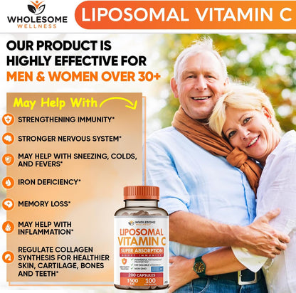 Wholesome Wellness Liposomal Vitamin C Capsules (200 Pills 1500mg Buffered) High Absorption, Immune System & Collagen Booster, High Dose Fat Soluble Immunity Support Ascorbic Acid, Natural Vegan Gsupps Australia