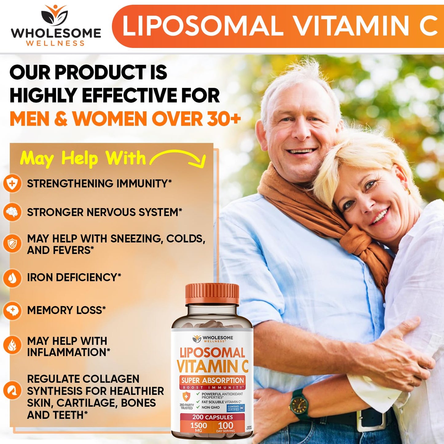 Wholesome Wellness Liposomal Vitamin C Capsules (200 Pills 1500mg Buffered) High Absorption, Immune System & Collagen Booster, High Dose Fat Soluble Immunity Wholesome Wellness