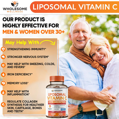 Wholesome Wellness Liposomal Vitamin C Capsules (200 Pills 1500mg Buffered) High Absorption, Immune System & Collagen Booster, High Dose Fat Soluble Immunity Wholesome Wellness