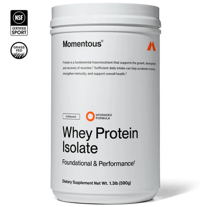 Momentous Essential Grass-Fed Whey Protein Powder - 20 g Whey Isolate Protein - NSF Certified for Sport - Gluten-Free - 25 Servings for Essential Everyday Use - Unflavored - Package May Vary Momentous