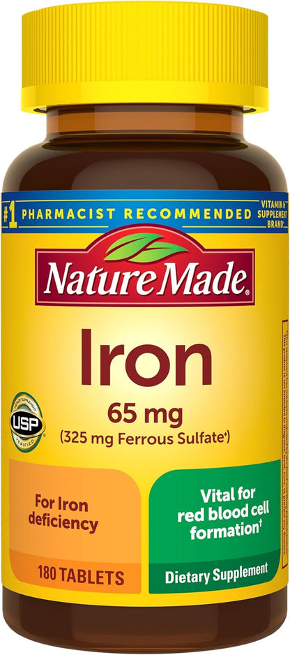 Nature Made Iron 65 mg (325 mg Ferrous Sulfate) Tablets, 180 Tablets | Iron Supplements for Men and Women with an Iron Deficiency, Dietary Supplement for Red Blood Cell Support, 180 Day Supply Gsupps Australia
