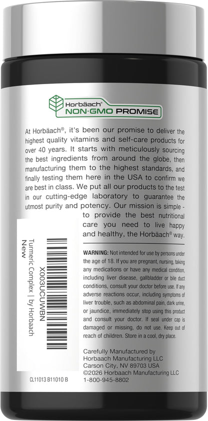 Horbäach Turmeric Curcumin Supplement | 180 Capsules | with Black Pepper & Tart Cherry | Non-GMO & Gluten Free Horbäach