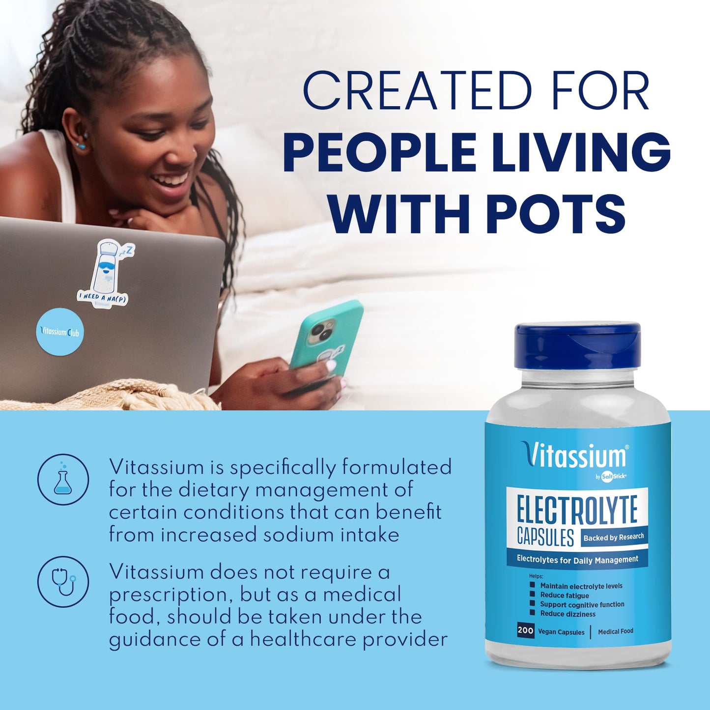 Vitassium Electrolyte Capsules, Electrolytes for The Management of POTS and High Sodium Diets (500mg Sodium - 100mg Potassium) Vitassium