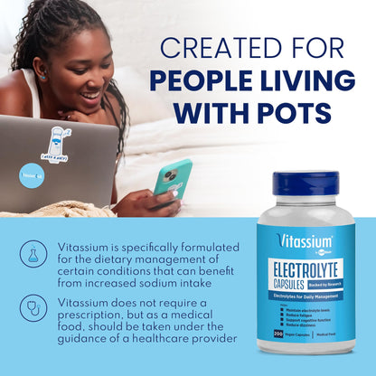 Vitassium Electrolyte Capsules, Electrolytes for The Management of POTS and High Sodium Diets (500mg Sodium - 100mg Potassium) Vitassium