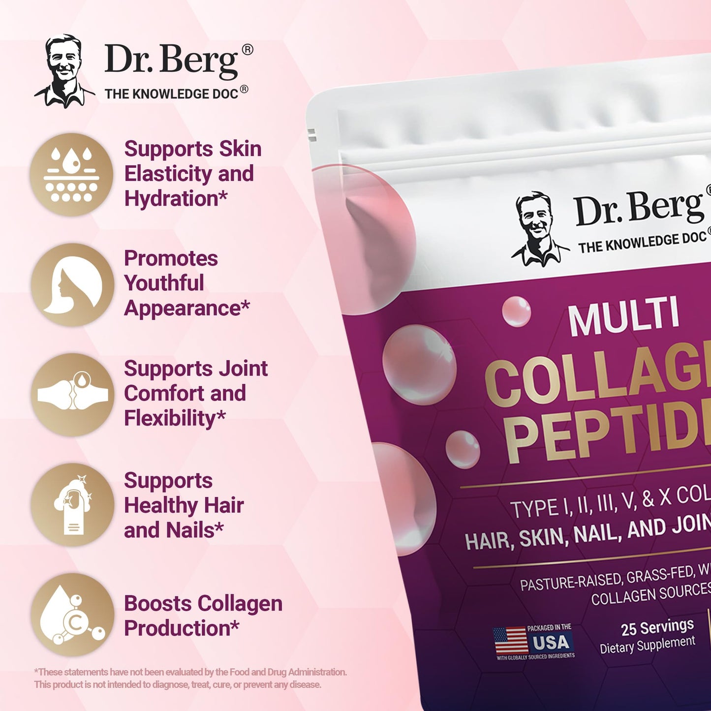Dr. Berg Multi Collagen Peptides Powder Types I, II, III, V, X - Unflavored Collagen Powder w/ 14 g of Protein - Grass-Fed Dr. Berg Nutritionals