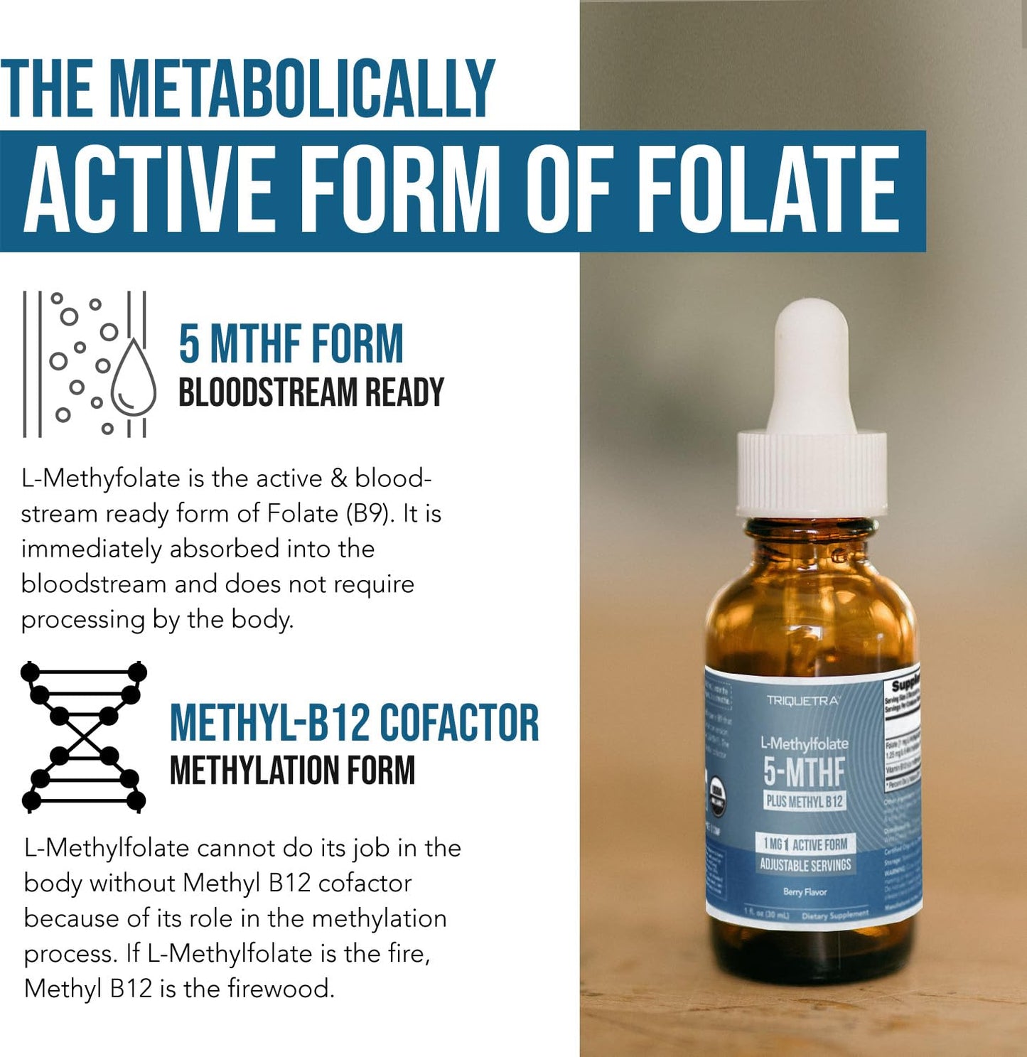 Organic Methyl Folate 1000 mcg + Methyl B12 Cofactor (300 Servings) – Metabolically Active 5-MTHF Form, Organic Berry Flavor Triquetra Health