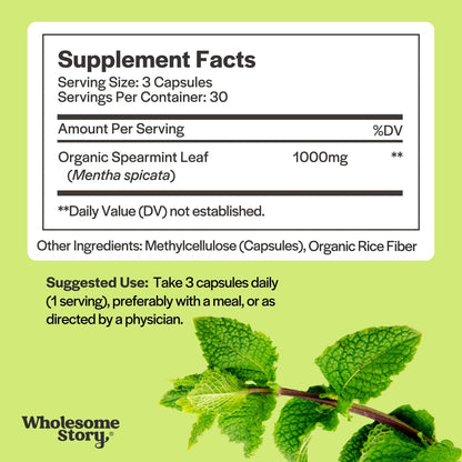 Wholesome Story Organic Spearmint Capsules Supplement | 1000mg Spearmint Leaf | 333.33mg Per Capsule | Supports Hormones, Digestion & Gut | Mentha Spicata | 30-Day Supply