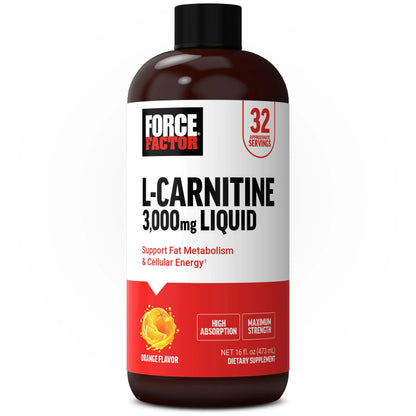 Force Factor L-Carnitine Liquid 3000mg, Maximum Strength Supplement to Support Fat Metabolism, Cellular Energy & Muscle Recovery, High Absorbing Force Factor