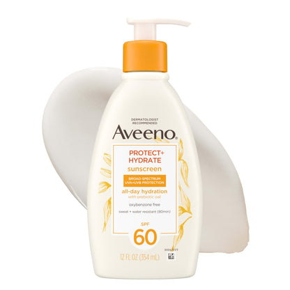 Aveeno Protect + Hydrate Sunscreen Lotion for Body & Face with Prebiotic Oat, SPF 60 Broad Spectrum Sunscreen, Paraben, & Oil Free, Water & Sweat Resistant (80-min) for Sensitive Skin, 12 FI Oz Aveeno