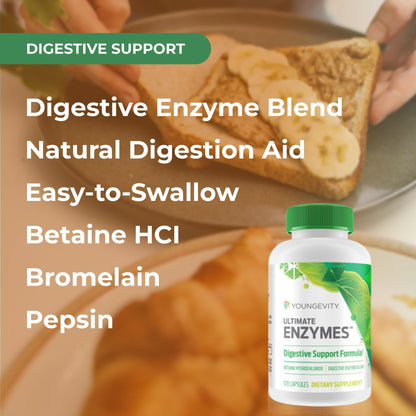 Youngevity Ultimate Enzymes® - Multi Enzymes for Digestion, Gas & Bloating Relief - Betaine HCl, Ox Bile, Pancreatine 10X, Papain 6M, Pepsin 1:3000 (120 Capsules) Youngevity