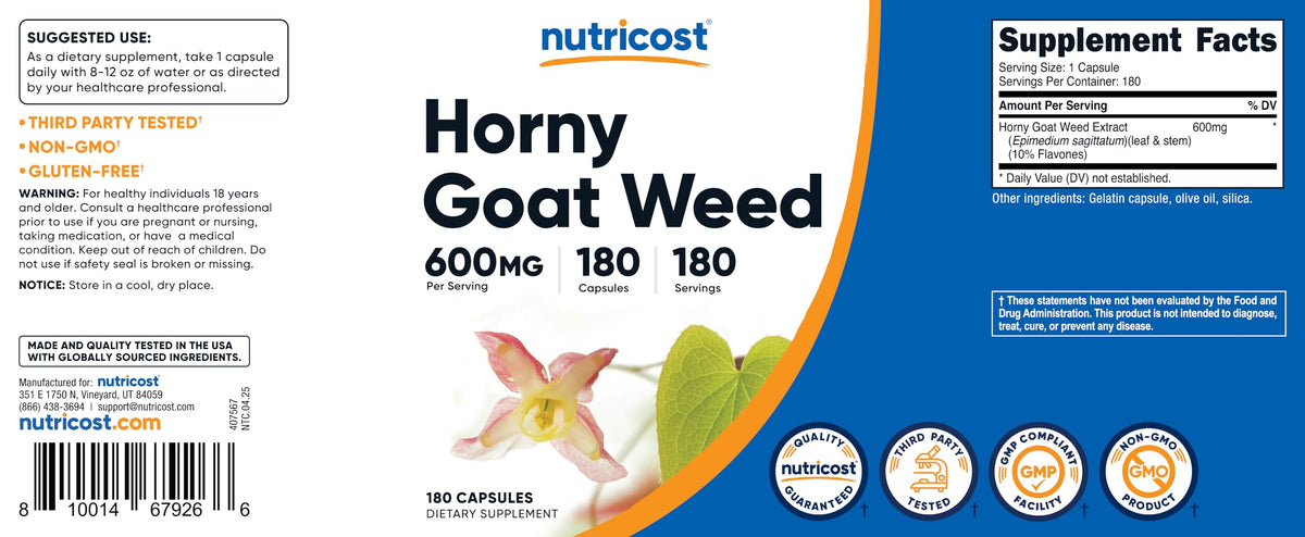 Nutricost Horny Goat Weed Extract (Epimedium) - 180 Capsules, 180 Servings, 600mg Per Capsule Nutricost