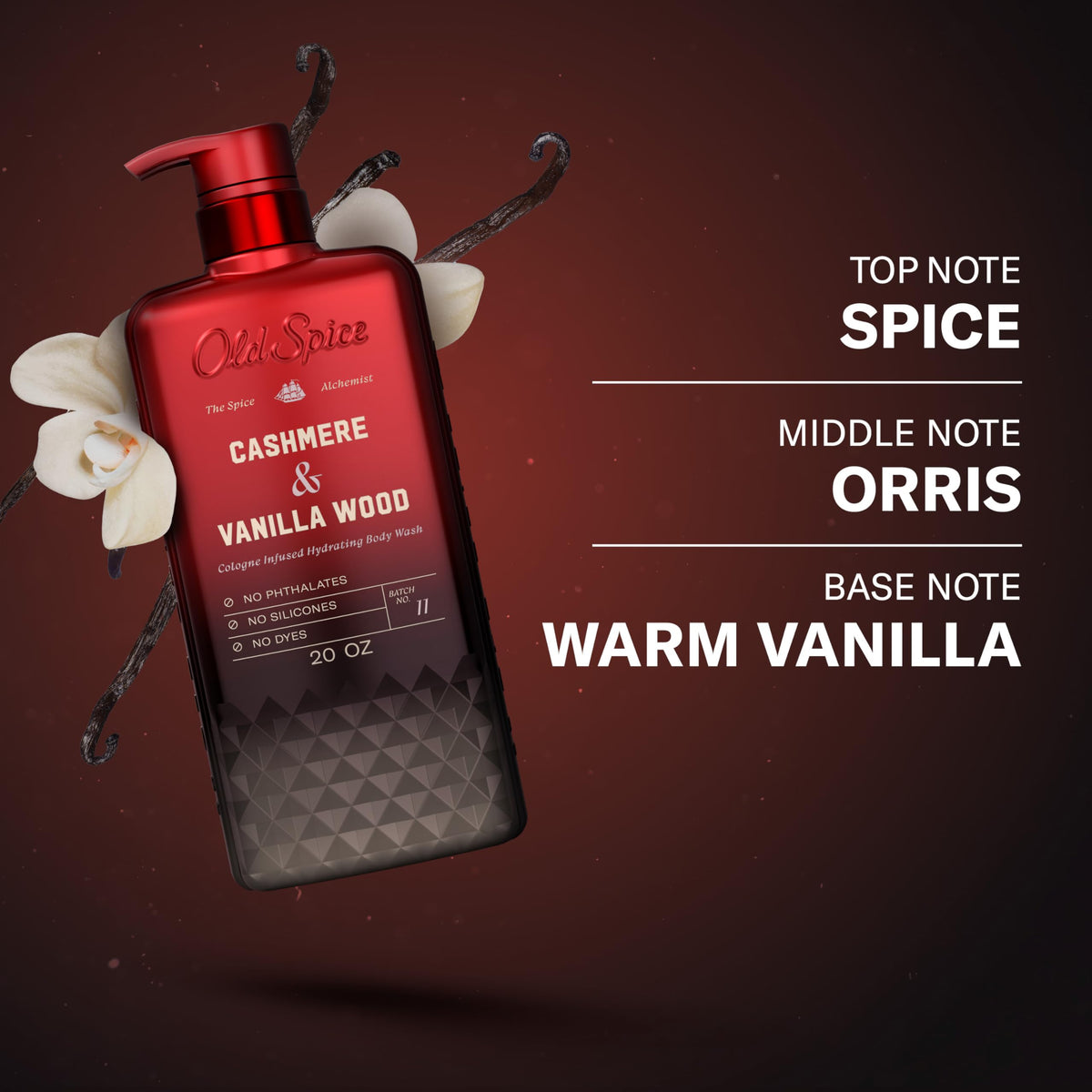 Old Spice Body Wash for Men, The Spice Alchemist Collection, 24/7 Cologne Infused Hydration, No Trade Off Formula, Free of Phthalates Silicones & Dyes, Cashmere + Vanilla Wood Scent, 20 oz Old Spice