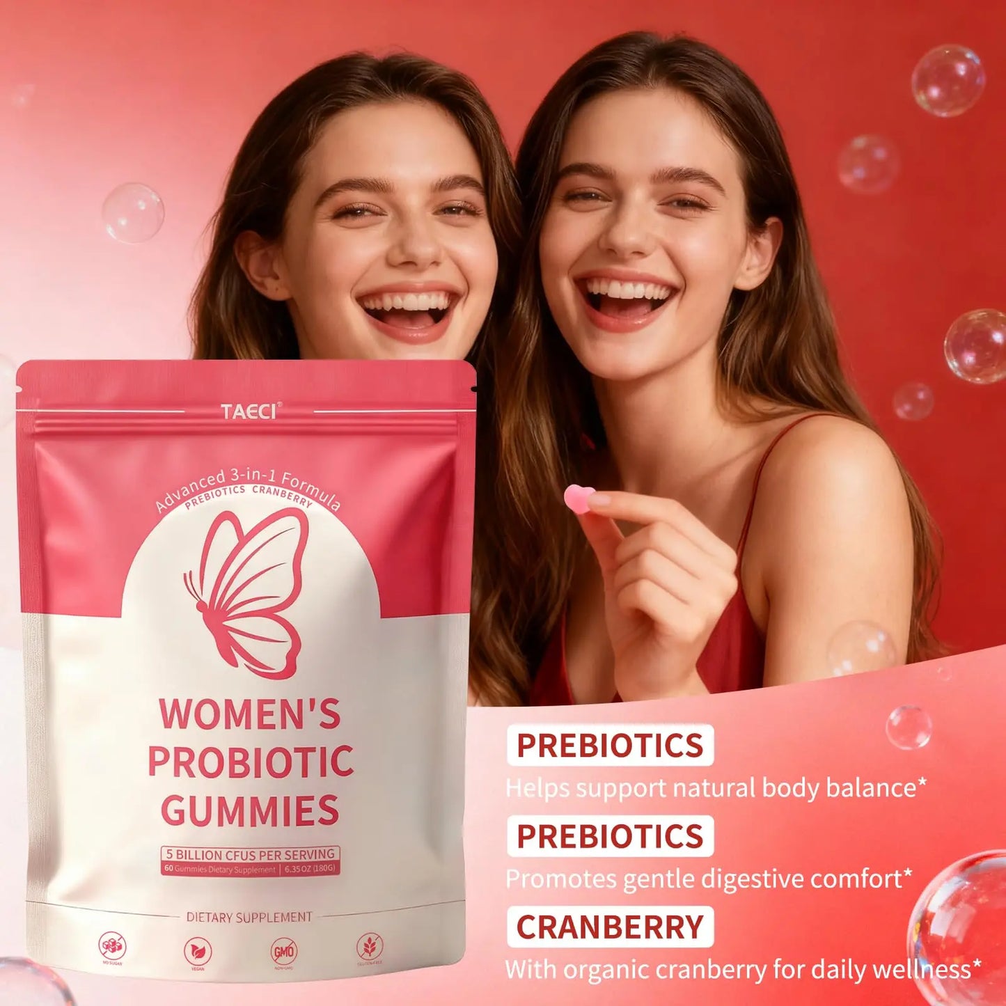 Taeci Vaginal Probiotic Gummies for Women – 5 Billion CFU with Prebiotic & Cranberry Extract – Supports pH Balance, Healthy Odor & Gut Health Taeci