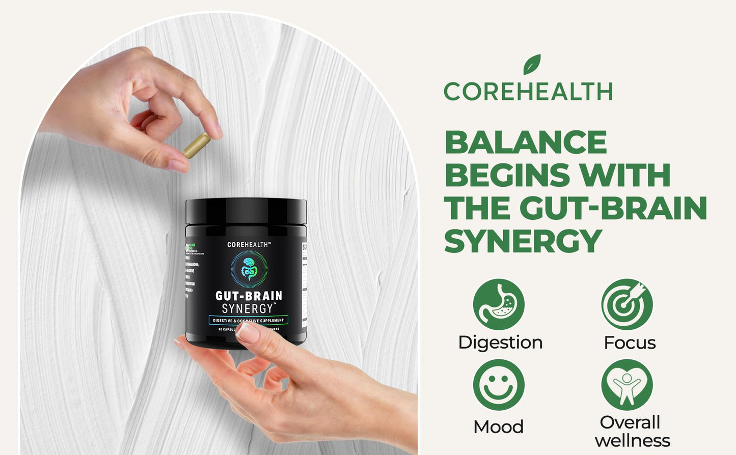 Gut-Brain Synergy Probiotic & Nootropic – 30Billion CFU Psychobiotic + Prebiotic with Ashwagandha, L-Theanine & Zinc for Gut Health, Mood Support, Stress Relief, Bloating Relief & Brain Focus & Memory COREHEALTH