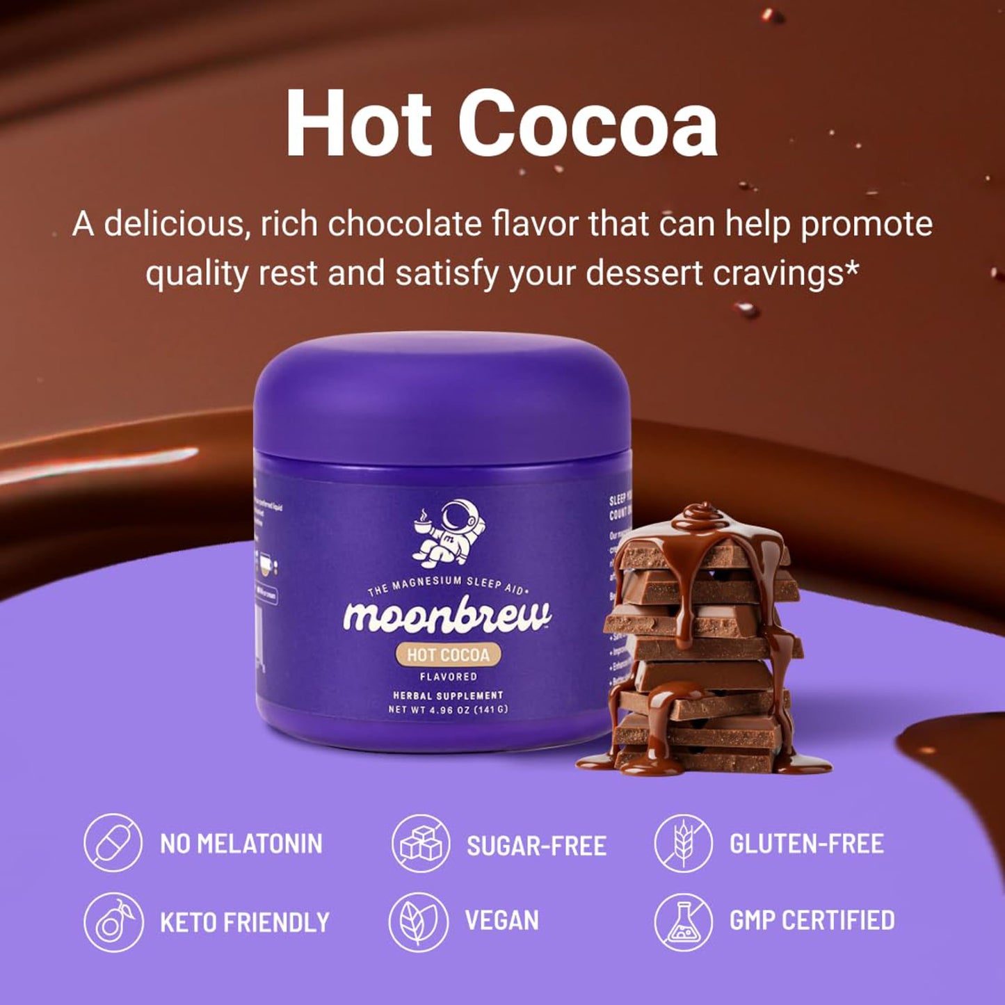 MoonBrew Nighttime Magnesium Hot Cocoa Jar, Natural Sleep Aid Drink Mix for Adults - Calming Melatonin-Free Sleep Support - Sleepy Hot Chocolate Powder with L-Theanine, MoonBrew
