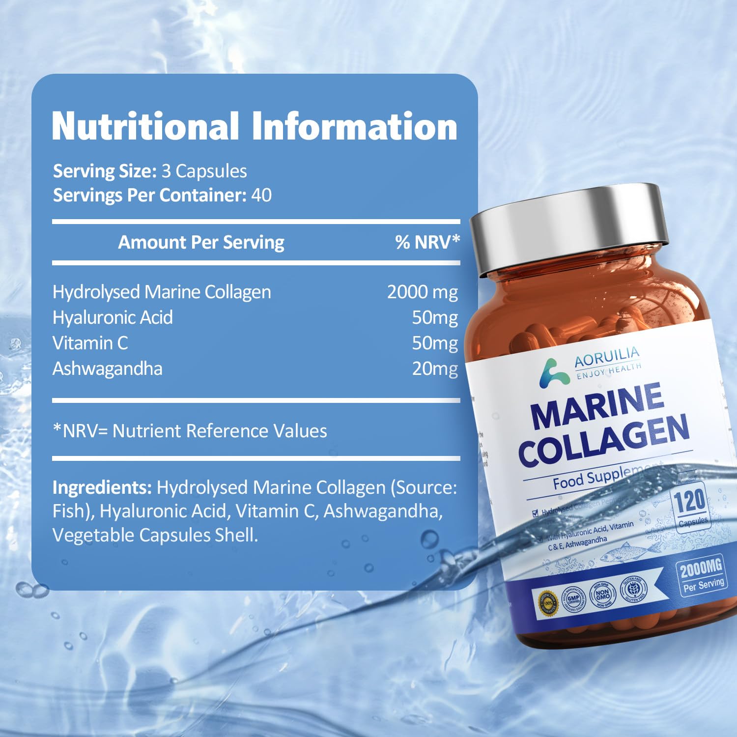 Marine Collagen Supplements for Women Men 2000mg 120 Capsules Hyaluronic Acid, Vitamin C, Vitamin E, & Ashwagandha Aoruilia buy australia supplements