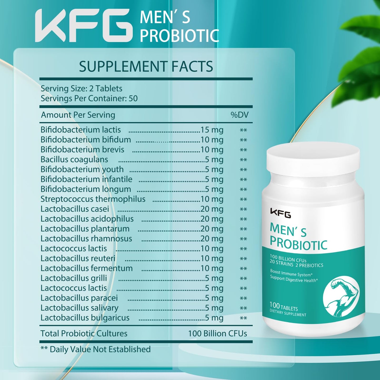 KFG Probiotic Supplement 100 Billion CFU, 20 Strains, 2 Prebiotics and Digestive Enzymes, Supports Digestion, Immune Support, Gut Health and Metabolism, Non-GMO, KFG
