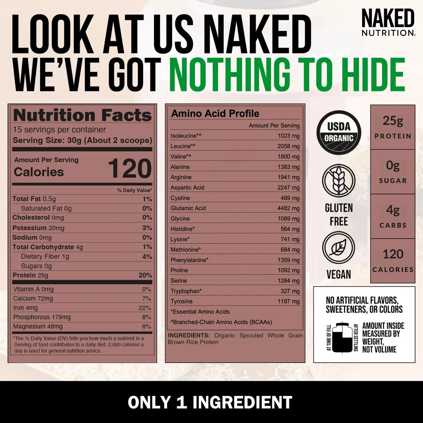 NAKED Rice 1Lb - Organic Brown Rice Protein Powder - Vegan Protein Powder, GMO Free, Gluten Free & Soy Free. Plant-Based Protein, NAKED
