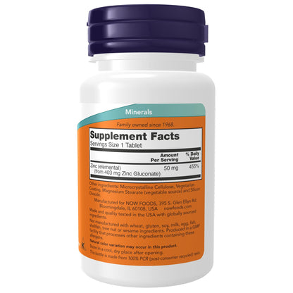 NOW Foods Supplements, Zinc (Zinc Gluconate) 50 mg, Supports Enzyme Functions*, Immune Support*, 100 Tablets Gsupps Australia