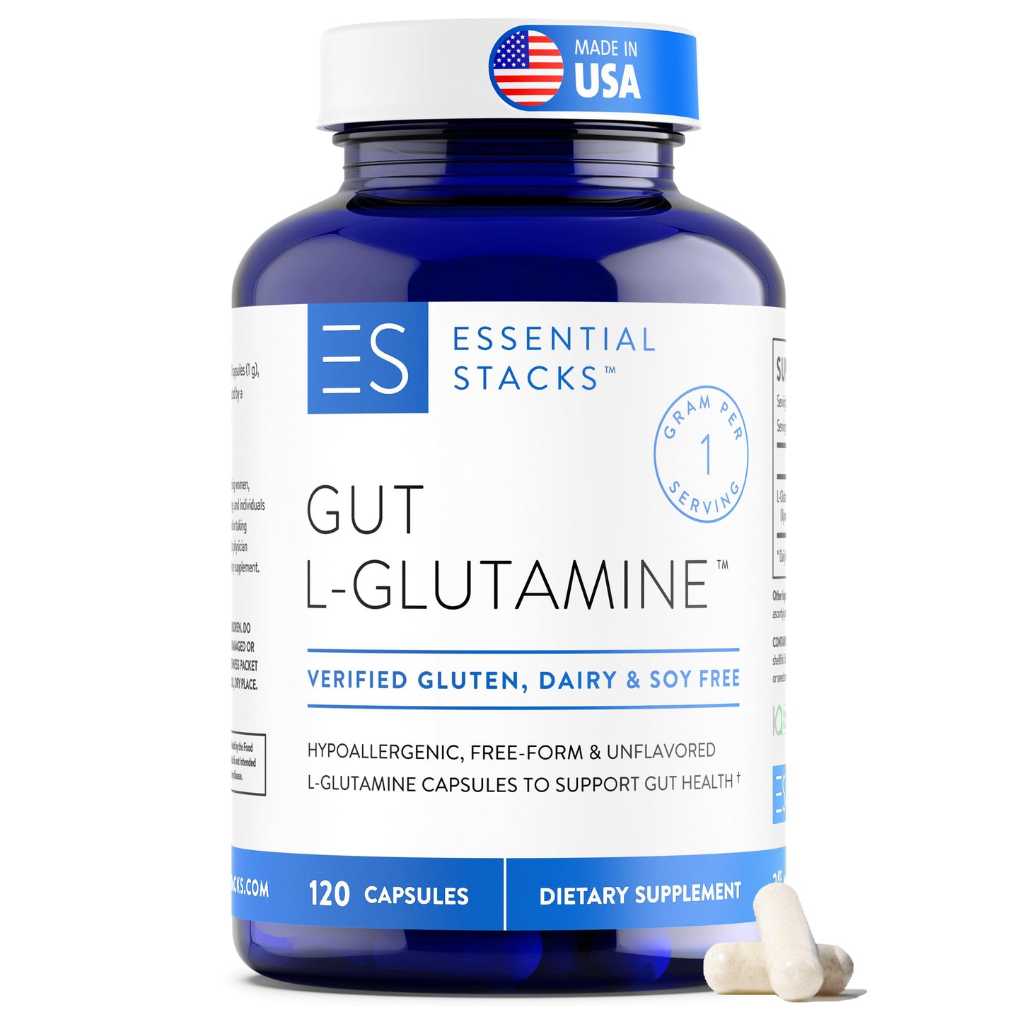 Essential Stacks Gut L-Glutamine Capsules 1000mg (Made in USA) - Gluten, Dairy & Soy Free, Non-GMO L Glutamine for Gut Health - 60 Serves (120 Caps) Essential Stacks