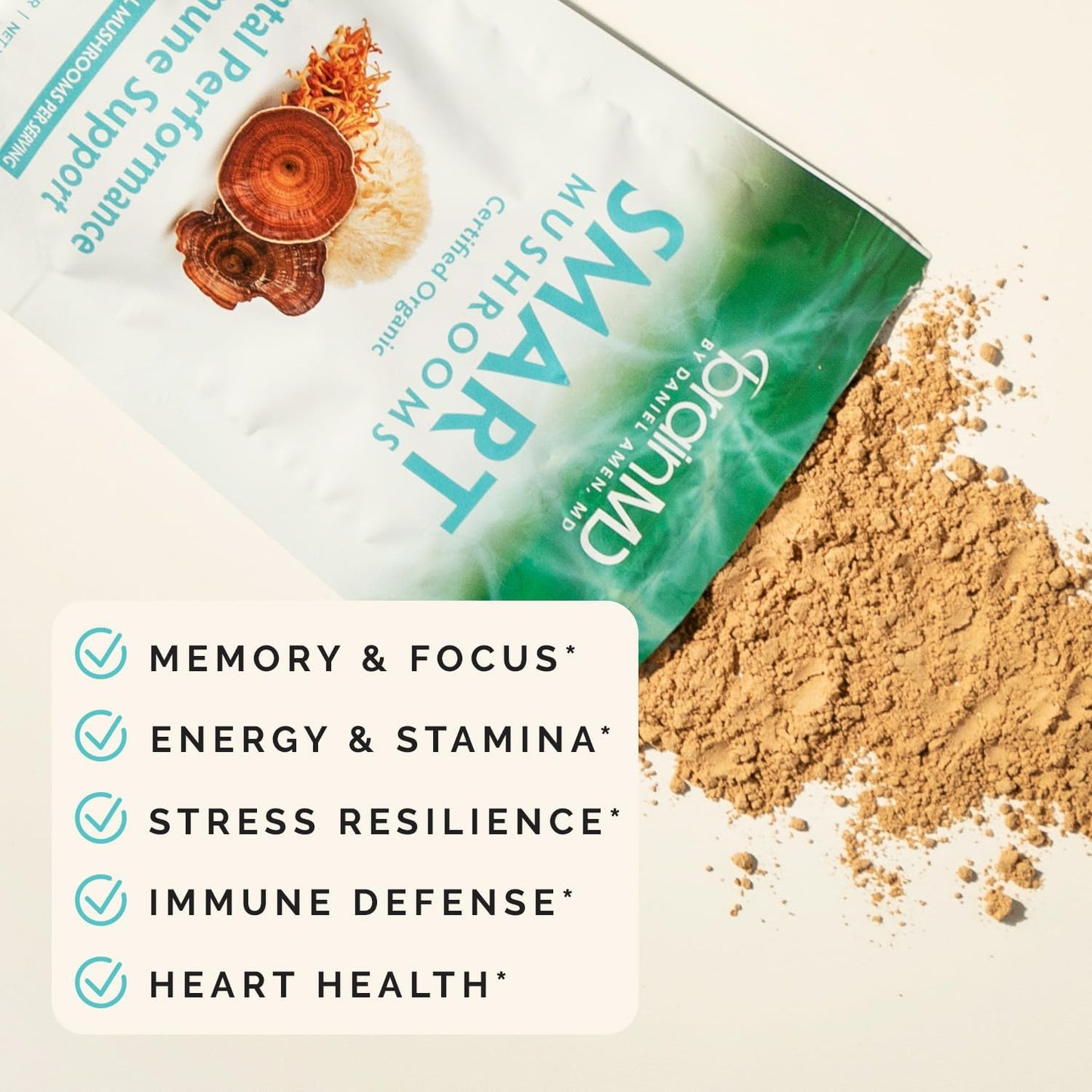 BRAINMD Dr Amen Smart Mushrooms - 3.2 oz - Mental Performance + Immune Support - Vegan, GMO Free, Gluten Free - 30 Servings
