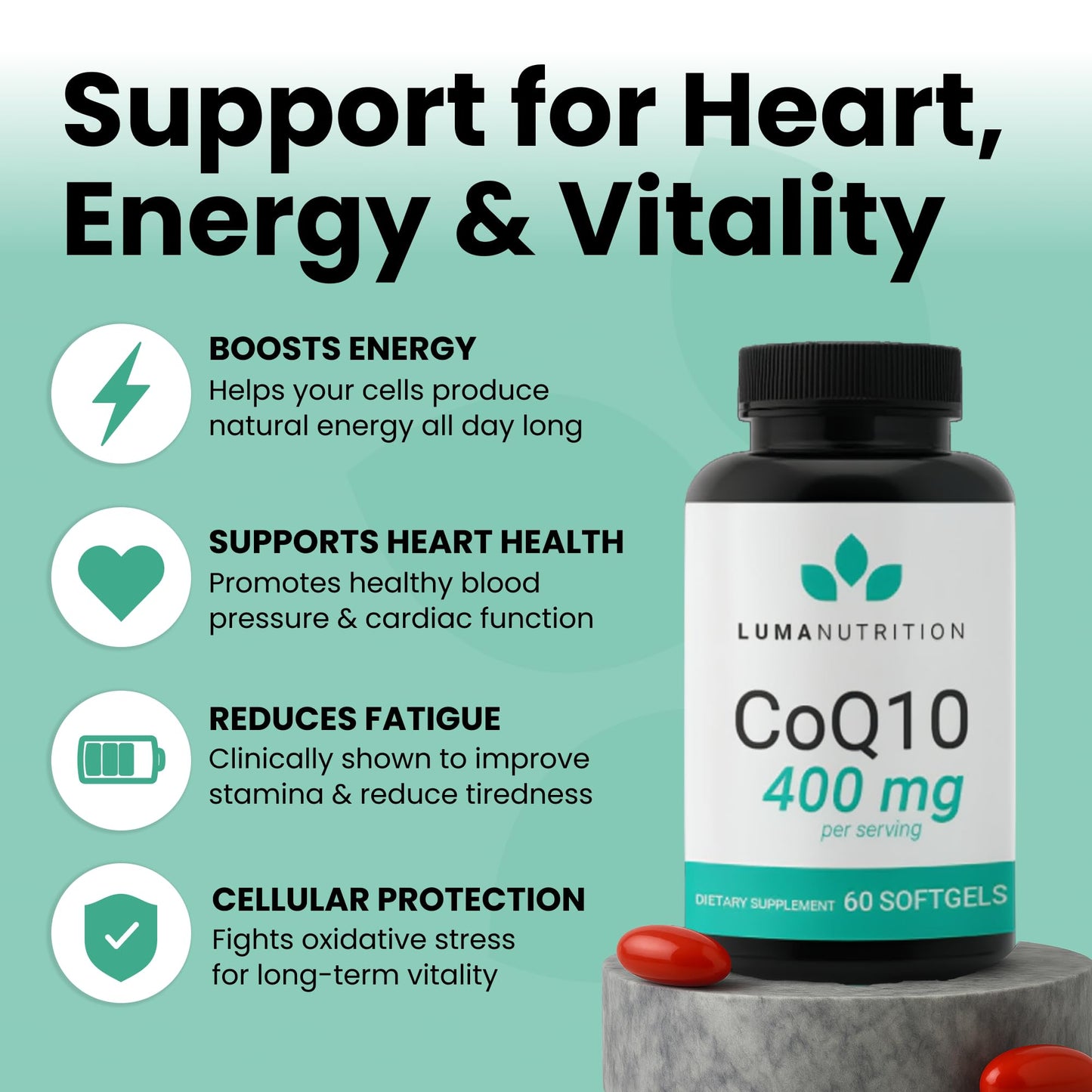 Luma Nutrition CoQ10 400mg Softgels - High-Absorption Coenzyme Q10 - Co Q-10 200mg / 400mg Per Serving - Heart Health - 60 Liquid Softgels Luma Nutrition