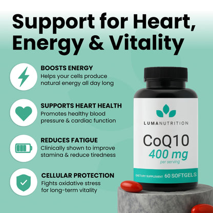 Luma Nutrition CoQ10 400mg Softgels - High-Absorption Coenzyme Q10 - Co Q-10 200mg / 400mg Per Serving - Heart Health - 60 Liquid Softgels Luma Nutrition