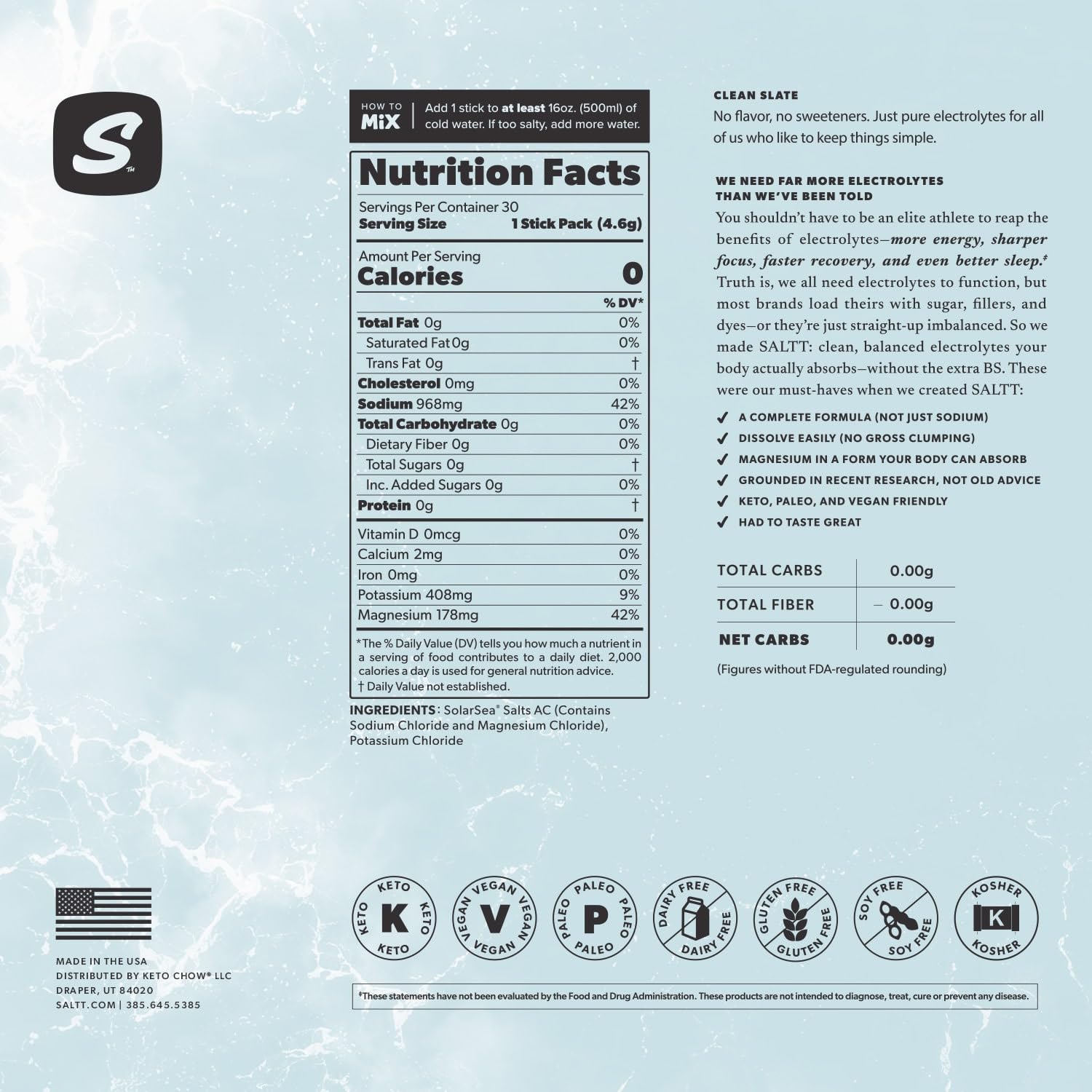 SALTT Electrolytes Powder Unflavored Drink Mix - Clean Slate - 30 Hydration Packets - Magnesium, Potassium, Sodium, Trace Minerals - Zero Sugar Keto Chow buy australia supplements