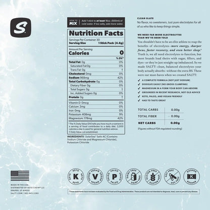 SALTT Electrolytes Powder Unflavored Drink Mix - Clean Slate - 30 Hydration Packets - Magnesium, Potassium, Sodium, Trace Minerals - Zero Sugar Keto Chow