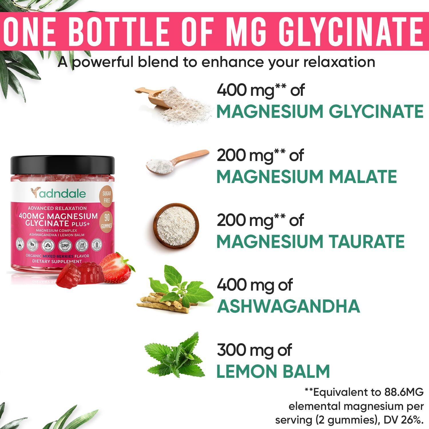 Adndale 90 CT Magnesium Glycinate 400 mg Gummies with Ashwagandha, Magnesium Malate & Taurate, Sugar Free Magnesium Gummies for Adults & Kids. Adndale buy australia supplements