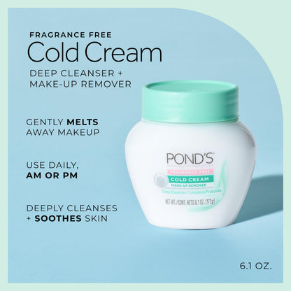 POND’S Cold Cream Cleanser, Fragrance-Free – Moisturizing Makeup Remover & Deep Cleansing Face Cream – Facial Cleanser for Soft, Radiant Skin – Dermatologist Tested, Non-Comedogenic, 6.1 oz POND'S