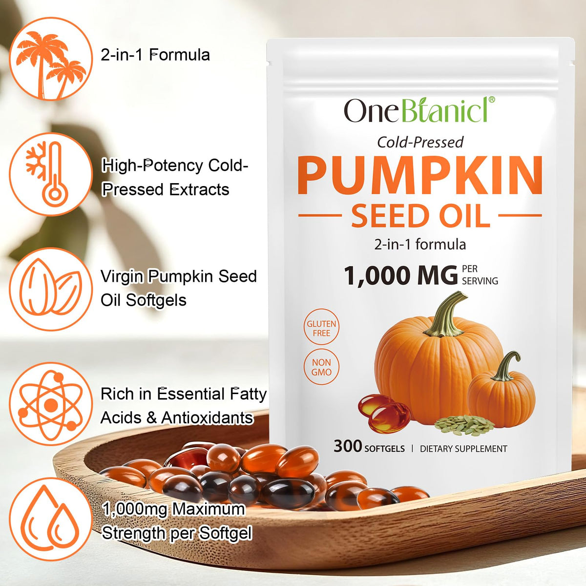 Pumpkin Seed Oil with Saw Palmetto, 1000mg per Serving, 300 Softgels – Cold Pressed Pumpkin Seed Oil Capsules for Hair, Prostate, Urinary & Bladder Health flasture