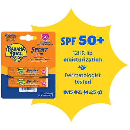 Sport Ultra Twin Pack SPF Lip Balm Pack, Banana Boat Lip Balm SPF 50, Oxybenzone Free Sunscreen, Lip Sunblock, Travel Size Sunscreen for Lips, 2 Pack Banana Boat